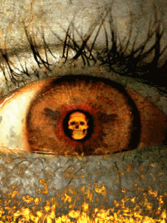 An eye with a skull pupil in front of something burning.